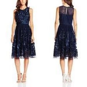 NWT Badgley Mischka Belle Vera Navy Blue Floral Appliqué Dress